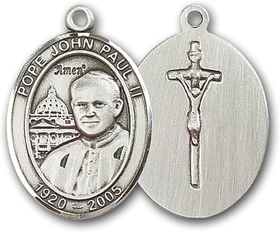 Mens 1 x 3/4 Inch Oval Pewter Saint St. John Paul II Medal Pendant on 24 Inch Rhodium Plated Heavy Curb Brass Chain with Lobster Claw clasp, Catholic Religious Necklace - Made in USA - Velvet Gift Box
