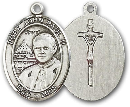 Mens 1 x 3/4 Inch Oval Pewter Saint St. John Paul II Medal Pendant on 24 Inch Rhodium Plated Heavy Curb Brass Chain with Lobster Claw clasp, Catholic Religious Necklace - Made in USA - Velvet Gift Box