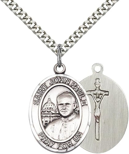 Mens 1 x 3/4 Inch Oval Pewter Saint St. John Paul II Medal Pendant on 24 Inch Rhodium Plated Heavy Curb Brass Chain with Lobster Claw clasp, Catholic Religious Necklace - Made in USA - Velvet Gift Box