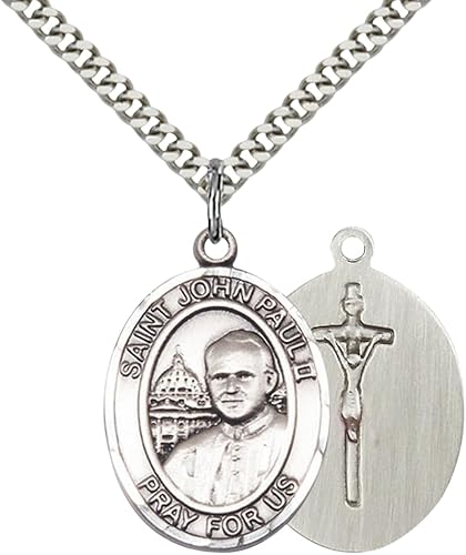 Mens 1 x 3/4 Inch Oval Pewter Saint St. John Paul II Medal Pendant on 24 Inch Rhodium Plated Heavy Curb Brass Chain with Lobster Claw clasp, Catholic Religious Necklace - Made in USA - Velvet Gift Box