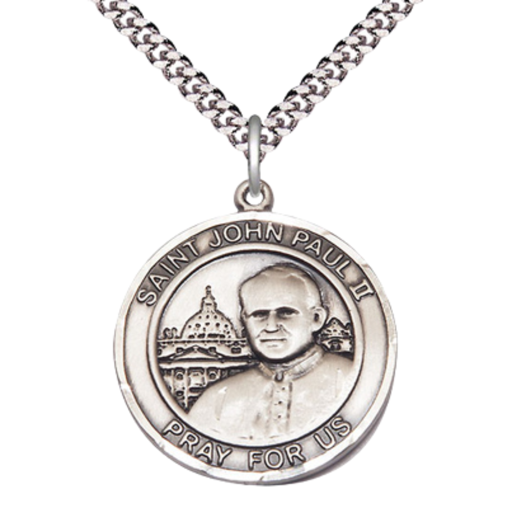 Mens 1 x 7/8" Round Pewter Saint St. John Paul II Medal Pendant on 24 Inch Rhodium Plated Heavy Curb Brass Chain with Lobster Claw clasp, Catholic Religious Necklace - Made in USA- Velvet Gift Box