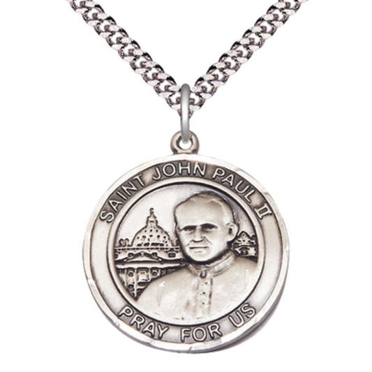 Mens 1 x 7/8" Round Pewter Saint St. John Paul II Medal Pendant on 24 Inch Rhodium Plated Heavy Curb Brass Chain with Lobster Claw clasp, Catholic Religious Necklace - Made in USA- Velvet Gift Box