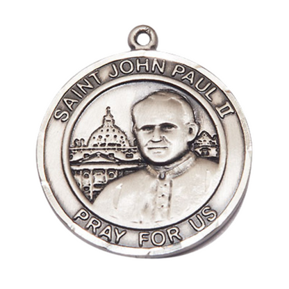 Mens .925 Sterling Silver St John Paul II Medal Pendant on 24" Rhodium Plated Heavy Curb Brass Chain with Lobster Claw clasp, Catholic Religious Necklace -Made in USA- Deluxe Velvet Gift Box