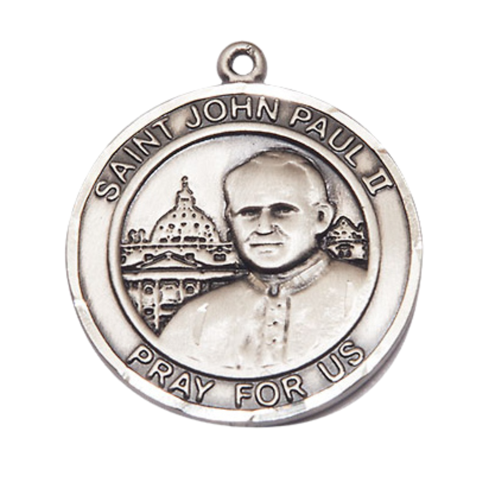 Women's Pewter Saint St. John Paul II Large Medal Pendant on 18 Inch Rhodium Plated Lite Curb Brass Chain with Lobster Claw Clasp, Catholic Religious Necklace - Made in USA- Deluxe Velvet Gift Box