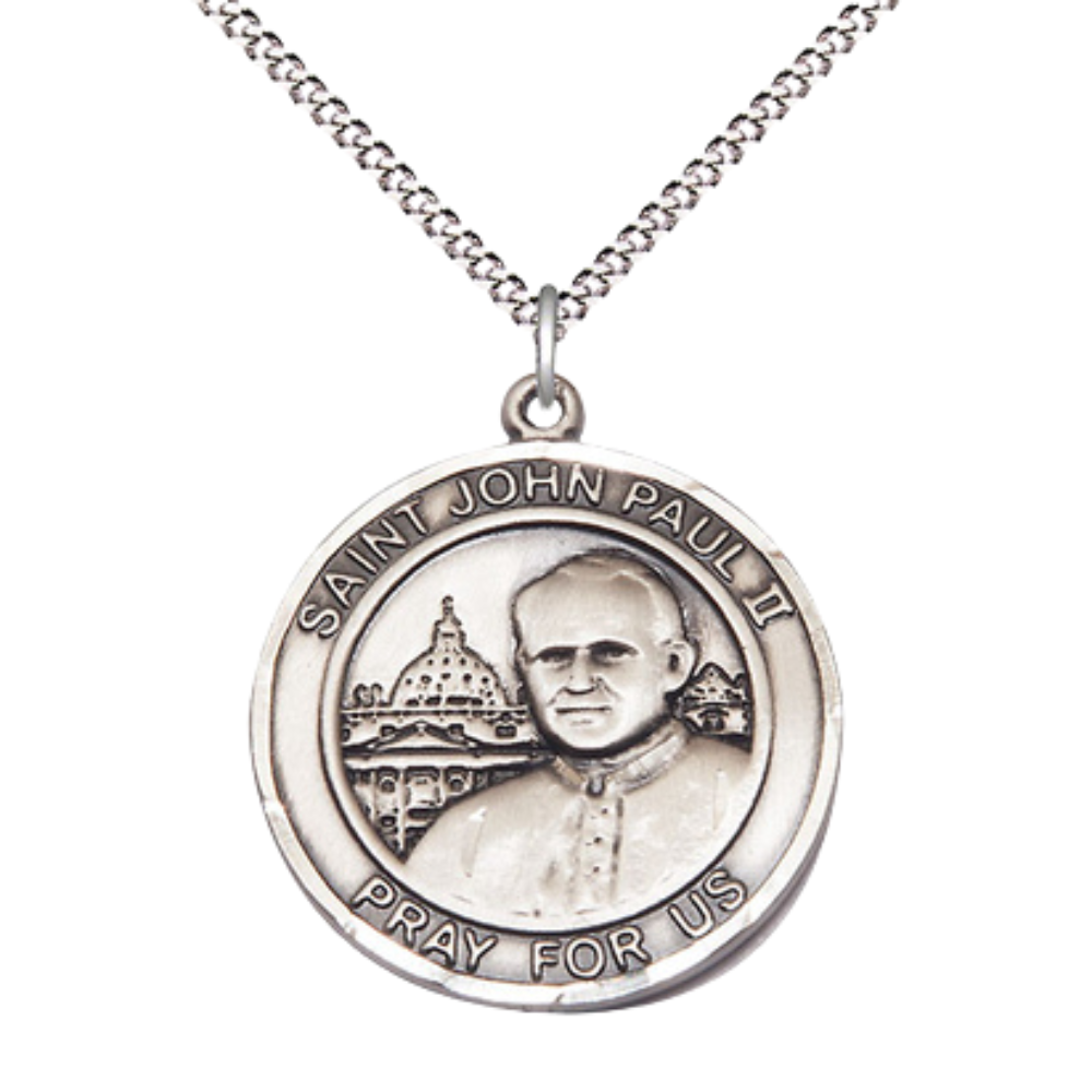 Women's .925 Sterling Silver Saint St. John Paul II Large Medal Pendant on 18 Inch Rhodium Plated Lite Curb Brass Chain with Lobster Claw Clasp, Catholic Religious Necklace - Made in USA- Velvet Gift Box