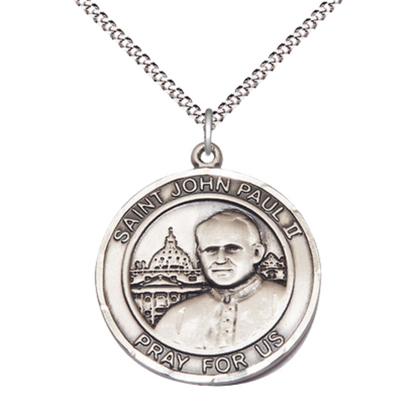 Women's .925 Sterling Silver Saint St. John Paul II Large Medal Pendant on 18 Inch Rhodium Plated Lite Curb Brass Chain with Lobster Claw Clasp, Catholic Religious Necklace - Made in USA- Velvet Gift Box