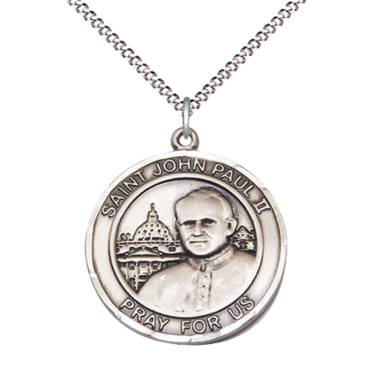 Women's Pewter Saint St. John Paul II Large Medal Pendant on 18 Inch Rhodium Plated Lite Curb Brass Chain with Lobster Claw Clasp, Catholic Religious Necklace - Made in USA- Deluxe Velvet Gift Box