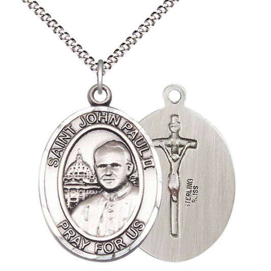 Women's .925 Sterling Silver Saint St. John Paul II Medal Pendant on 18 Inch Rhodium Plated Lite Curb Brass Chain with Lobster Claw Clasp, Catholic Religious Necklace - Made in USA- Deluxe Velvet Gift Box