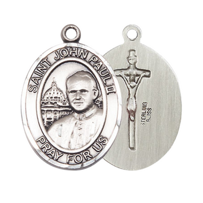 Women's .925 Sterling Silver Saint St. John Paul II Medal Pendant on 18 Inch Rhodium Plated Lite Curb Brass Chain with Lobster Claw Clasp, Catholic Religious Necklace - Made in USA- Deluxe Velvet Gift Box