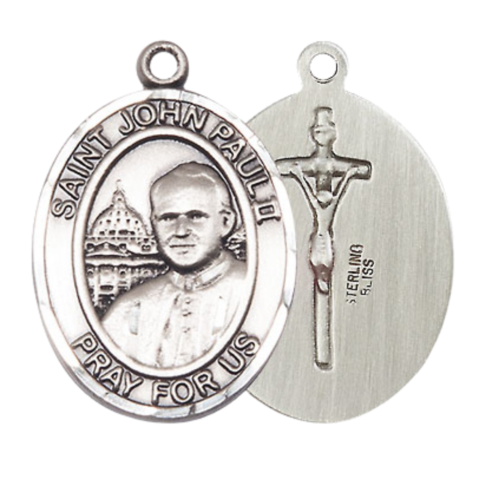 Mens .925 Sterling Silver Saint St. John Paul II Medal Pendant on 24 Inch Rhodium Plated Heavy Curb Brass Chain with Lobster Claw clasp, Catholic Religious Necklace - Made in USA- Velvet Gift Box