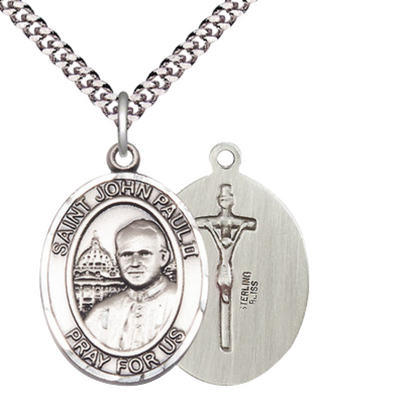 Women's .925 Sterling Silver Saint St. John Paul II Large Medal Pendant on 18 Inch Rhodium Plated Lite Curb Brass Chain with Lobster Claw Clasp, Catholic Religious Necklace -Made in USA- Velvet Gift Box