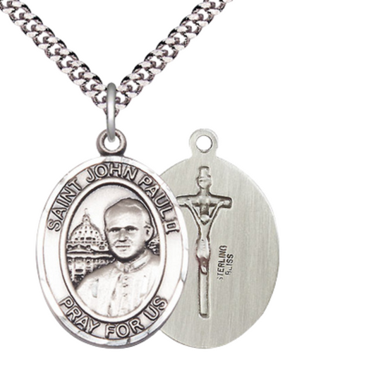Women's .925 Sterling Silver Saint St. John Paul II Large Medal Pendant on 18 Inch Rhodium Plated Lite Curb Brass Chain with Lobster Claw Clasp, Catholic Religious Necklace -Made in USA- Velvet Gift Box