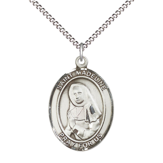 Women's .925 Sterling Silver Saint St. Madeline Sophie Barat Medal Pendant on 18 Inch Rhodium Plated Lite Curb Brass Chain w/ Lobster Claw Clasp, Catholic Religious Necklace - Made in USA- Velvet Gift Box