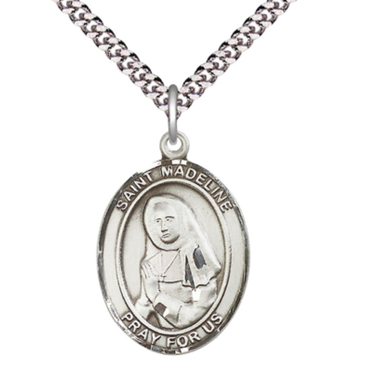 Saint St. Madeline Sophie Barat Men's Medal Necklace – 24 Inch Endless Light Rhodium Plated Heavy Curb Chain – Patron Saint St. of the Sacred Heart – Elegant Catholic Religious Jewelry in Velvet Gift Box