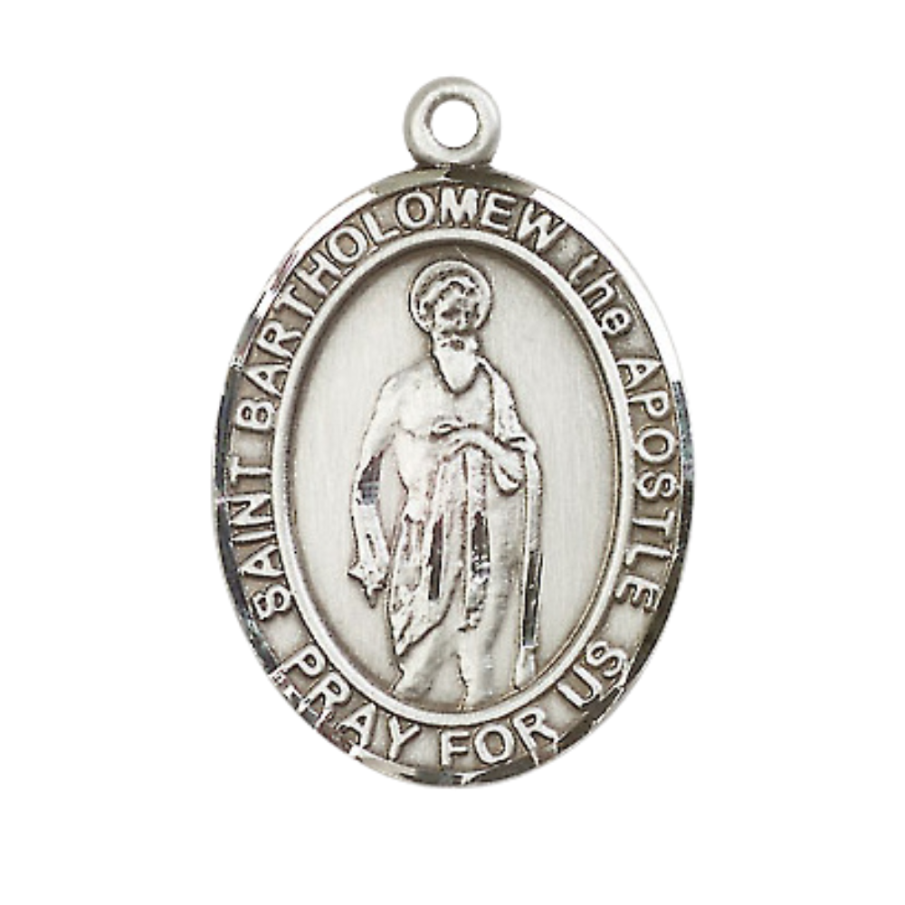 Women's Pewter Saint St. Bartholomew the Apostle Medal Pendant on 18 Inch Rhodium Plated Lite Curb Brass Chain with Lobster Claw Clasp, Catholic Religious Necklace - Made in USA- Deluxe Velvet Gift Box