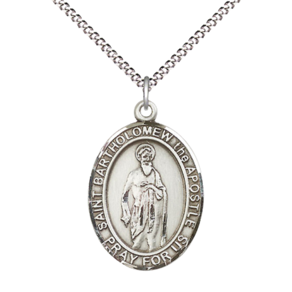 Women's Pewter Saint St. Bartholomew the Apostle Medal Pendant on 18 Inch Rhodium Plated Lite Curb Brass Chain with Lobster Claw Clasp, Catholic Religious Necklace - Made in USA- Deluxe Velvet Gift Box
