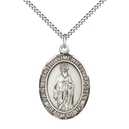 Women's .925 Sterling Silver Saint St. Bartholomew the Apostle Medal Pendant on 18 Inch Rhodium Plated Lite Curb Brass Chain w/ Lobster Claw Clasp, Catholic Religious Necklace - Made in USA- Velvet Gift Box
