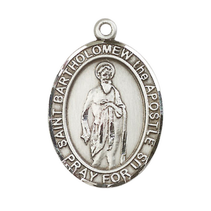 Mens Oval Pewter Saint St. Bartholomew the Apostle Medal Pendant on 24 Inch Rhodium Plated Heavy Curb Brass Chain with Lobster Claw clasp, Catholic Religious Necklace - Made in USA- Velvet Gift Box
