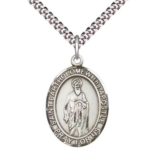 Mens Oval Pewter Saint St. Bartholomew the Apostle Medal Pendant on 24 Inch Rhodium Plated Heavy Curb Brass Chain with Lobster Claw clasp, Catholic Religious Necklace - Made in USA- Velvet Gift Box