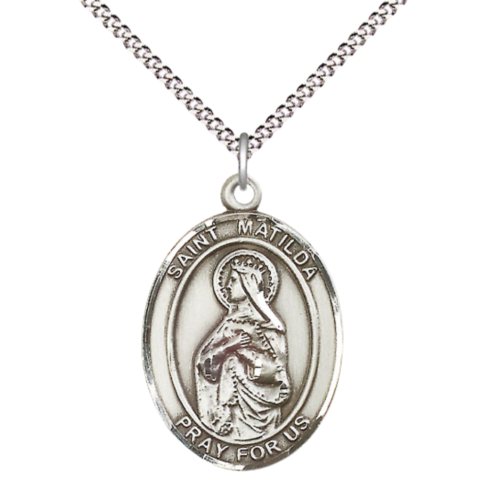 Everlasting Light Jewelry Women's Pewter Patron Saint St. Matilda Medal Pendant with 18 Inch Rhodium Plated Lite Curb Brass Chain Catholic Religious Necklace - Made in USA, Deluxe Velvet Gift Box
