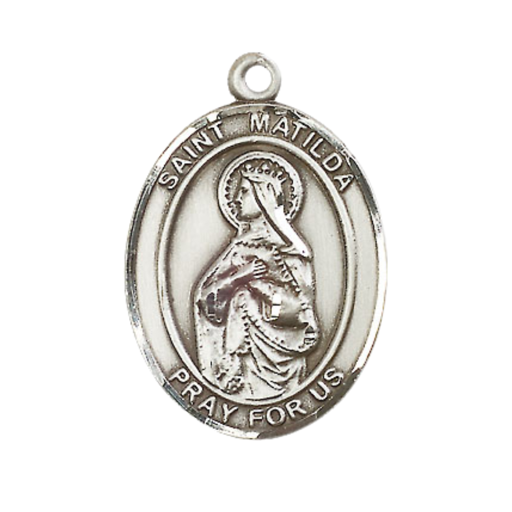Everlasting Light Jewelry Women's Pewter Patron Saint St. Matilda Medal Pendant with 18 Inch Rhodium Plated Lite Curb Brass Chain Catholic Religious Necklace - Made in USA, Deluxe Velvet Gift Box