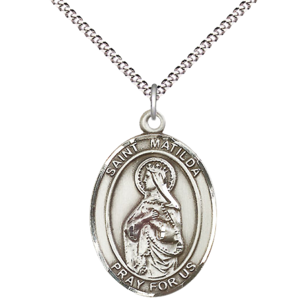 Women's .925 Sterling Silver Patron Saint St. Matilda Medal Pendant with 18 Inch Rhodium Plated Lite Curb Brass Chain Catholic Religious Necklace - Made in USA, Deluxe Velvet Gift Box