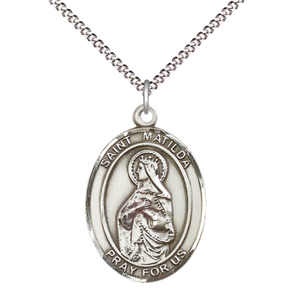 Women's .925 Sterling Silver Patron Saint St. Matilda Medal Pendant with 18 Inch Rhodium Plated Lite Curb Brass Chain Catholic Religious Necklace - Made in USA, Deluxe Velvet Gift Box