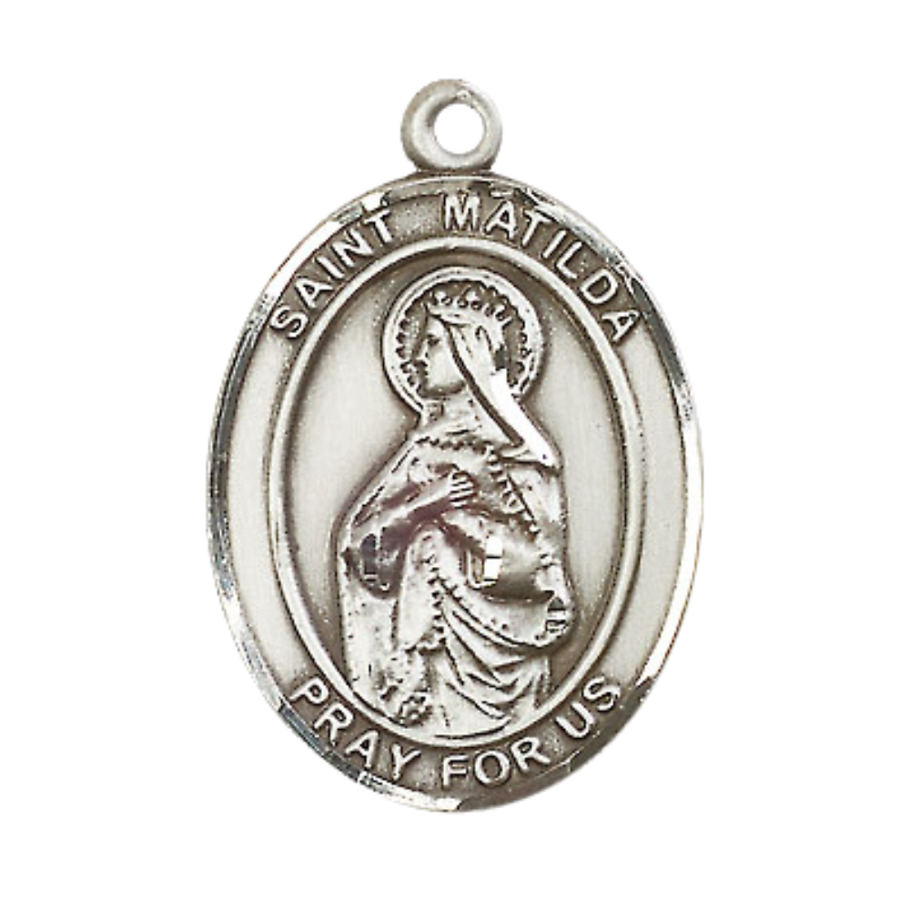 Mens Oval .925 Sterling Silver Saint Matilda Medal Pendant on 24" Rhodium Plated Heavy Curb Brass Chain with Lobster Claw clasp, Catholic Religious Necklace -Made in USA- Velvet Gift Box