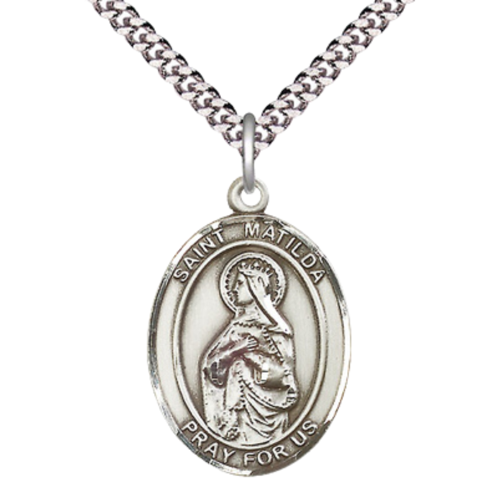 Mens 1 x 3/4" Oval Pewter Saint St. Matilda Medal Pendant on 24 Inch Rhodium Plated Heavy Curb Brass Chain with Lobster Claw clasp, Catholic Religious Necklace - Made in USA - Deluxe Velvet Gift Box