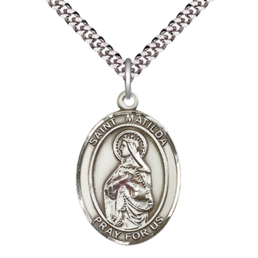 Mens 1 x 3/4" Oval Pewter Saint St. Matilda Medal Pendant on 24 Inch Rhodium Plated Heavy Curb Brass Chain with Lobster Claw clasp, Catholic Religious Necklace - Made in USA - Deluxe Velvet Gift Box
