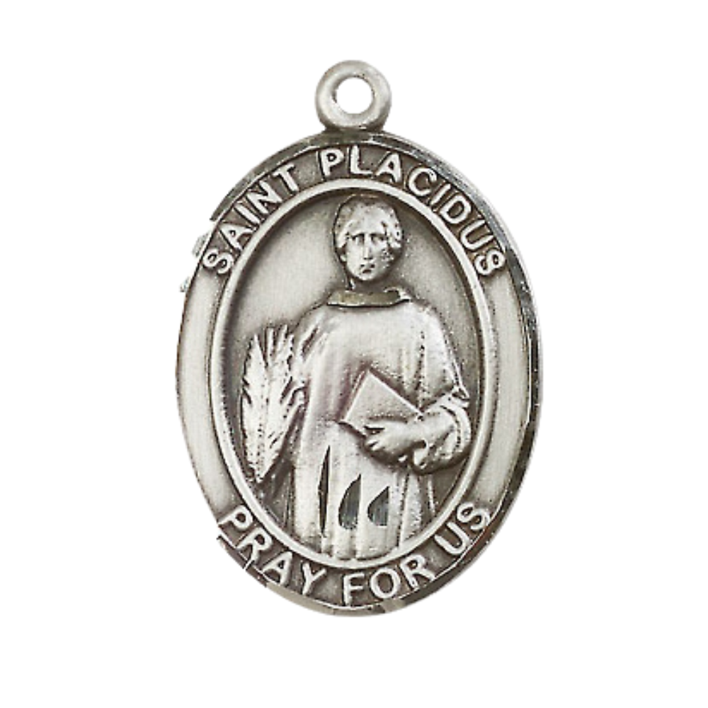 Women's .925 Sterling Silver Saint St. Placidus Medal Pendant on 18 Inch Rhodium Plated Lite Curb Brass Chain with Lobster Claw Clasp, Catholic Religious Necklace - Made in USA- Deluxe Velvet Gift Box