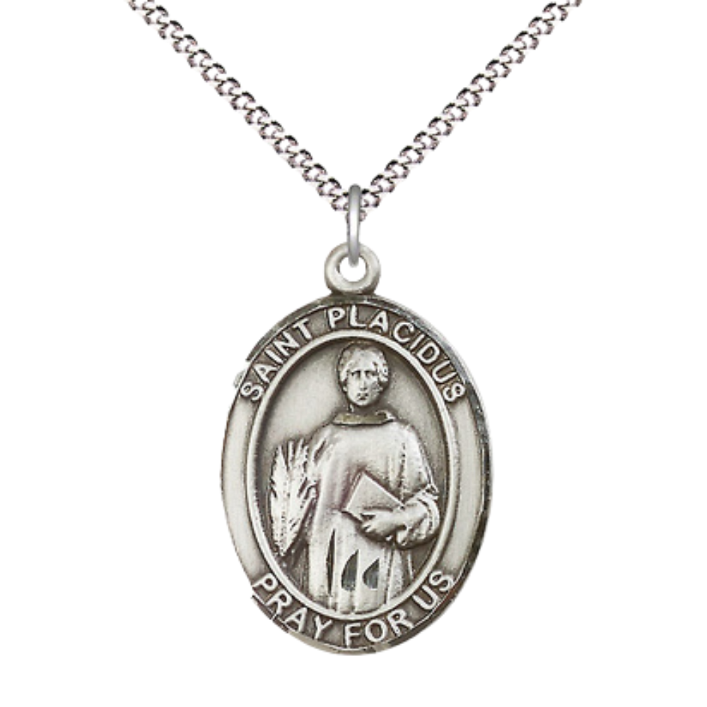 Women's Pewter Saint St. Placidus Medal Pendant on 18 Inch Rhodium Plated Lite Curb Brass Chain with Lobster Claw Clasp, Catholic Religious Necklace - Made in USA- Deluxe Velvet Gift Box