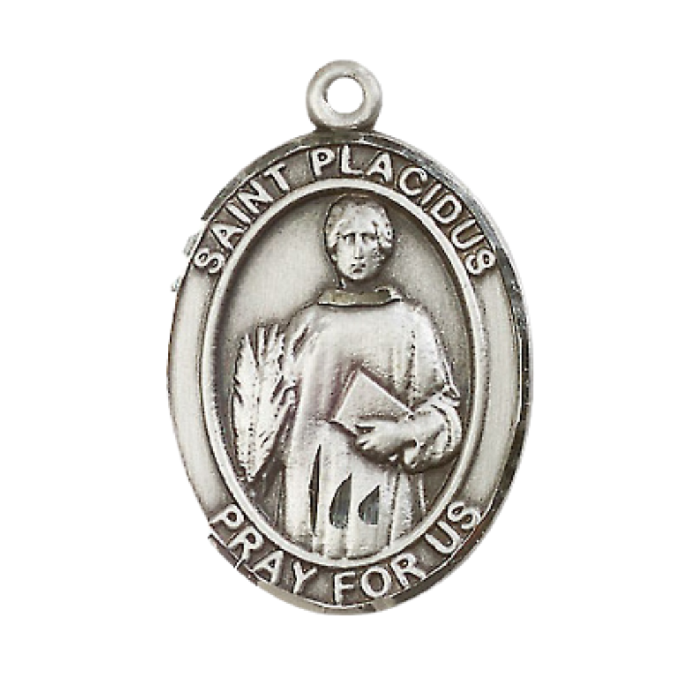 Mens 1 x 3/4" Oval Pewter Saint St. Placidus Medal Pendant on 24 Inch Rhodium Plated Heavy Curb Brass Chain with Lobster Claw clasp, Catholic Religious Necklace - Made in USA - Deluxe Velvet Gift Box