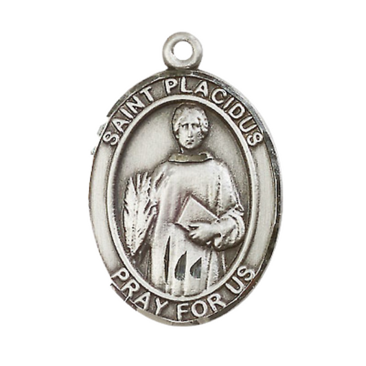 Mens Oval .925 Sterling Silver Saint St. Placidus Medal Pendant on 24 Inch Rhodium Plated Heavy Curb Brass Chain with Lobster Claw clasp, Catholic Religious Necklace - Made in USA- Velvet Gift Box