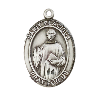 Saint Placidus Men's Medal Necklace – 24" Endless Light Rhodium Plated Heavy Curb Chain – Elegant Religious Jewelry in Velvet Gift Box