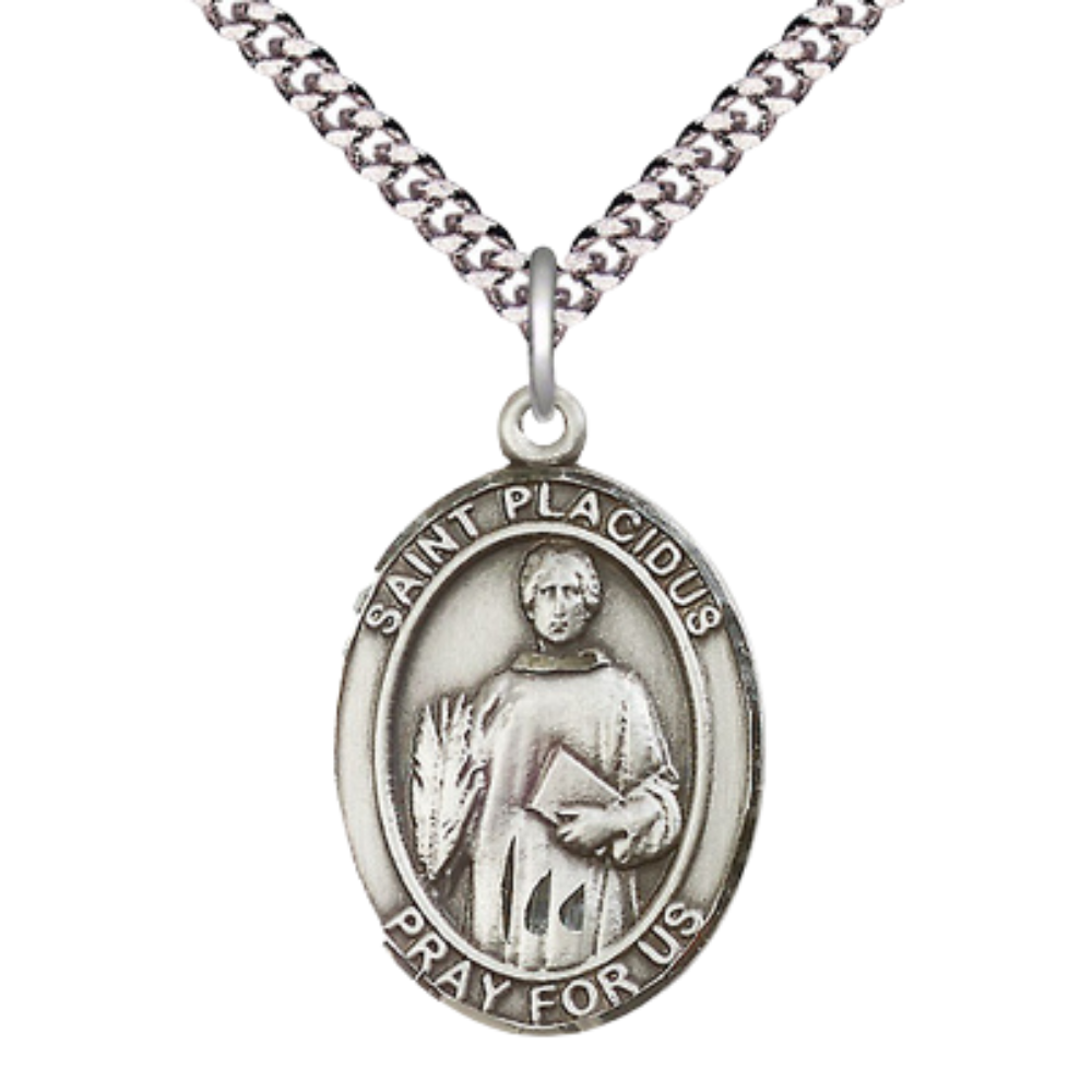 Saint Placidus Men's Medal Necklace – 24" Endless Light Rhodium Plated Heavy Curb Chain – Elegant Religious Jewelry in Velvet Gift Box