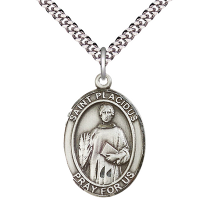 Saint Placidus Men's Medal Necklace – 24" Endless Light Rhodium Plated Heavy Curb Chain – Elegant Religious Jewelry in Velvet Gift Box