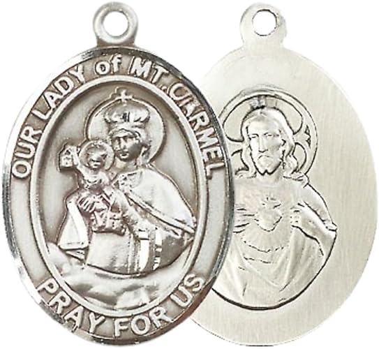 Women's Pewter Our Lady of Mount Carmel Medal Pendant on 18 Inch Rhodium Plated Lite Curb Brass Chain with Lobster Claw Clasp, Catholic Religious Necklace - Made in USA- Deluxe Velvet Gift Box