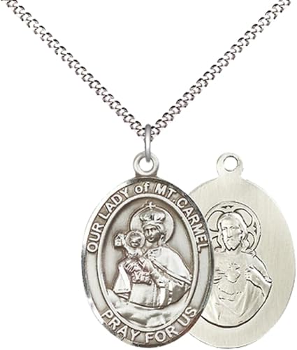 Women's Pewter Our Lady of Mount Carmel Medal Pendant on 18 Inch Rhodium Plated Lite Curb Brass Chain with Lobster Claw Clasp, Catholic Religious Necklace - Made in USA- Deluxe Velvet Gift Box