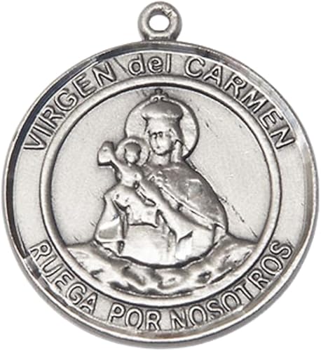 Spanish Script Women's Pewter Virgen del Carmen Medal Pendant on 18 Inch Rhodium Plated Lite Curb Brass Chain, Catholic Religious Necklace with Lobster Claw Clasp - Made in USA- Deluxe Velvet Gift Box