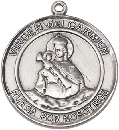 Spanish Script Women's Pewter Virgen del Carmen Medal Pendant on 18 Inch Rhodium Plated Lite Curb Brass Chain, Catholic Religious Necklace with Lobster Claw Clasp - Made in USA- Deluxe Velvet Gift Box