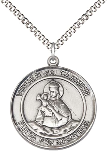 Spanish Script Women's Pewter Virgen del Carmen Medal Pendant on 18 Inch Rhodium Plated Lite Curb Brass Chain, Catholic Religious Necklace with Lobster Claw Clasp - Made in USA- Deluxe Velvet Gift Box