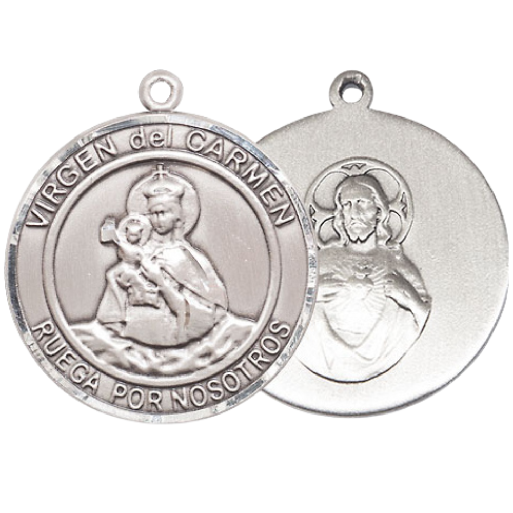 Spanish Script Women's .925 Sterling Silver Virgen del Carmen Medal Pendant on 18 Inch Rhodium Plated Lite Curb Brass Chain, Catholic Religious Necklace with Lobster Claw Clasp - Made in USA, Deluxe Velvet Gift Box