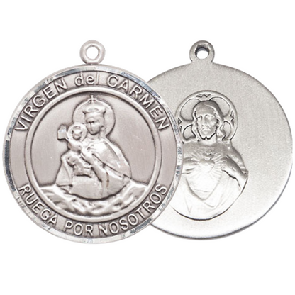 Spanish Script Women's .925 Sterling Silver Virgen del Carmen Medal Pendant on 18 Inch Rhodium Plated Lite Curb Brass Chain, Catholic Religious Necklace with Lobster Claw Clasp - Made in USA, Deluxe Velvet Gift Box