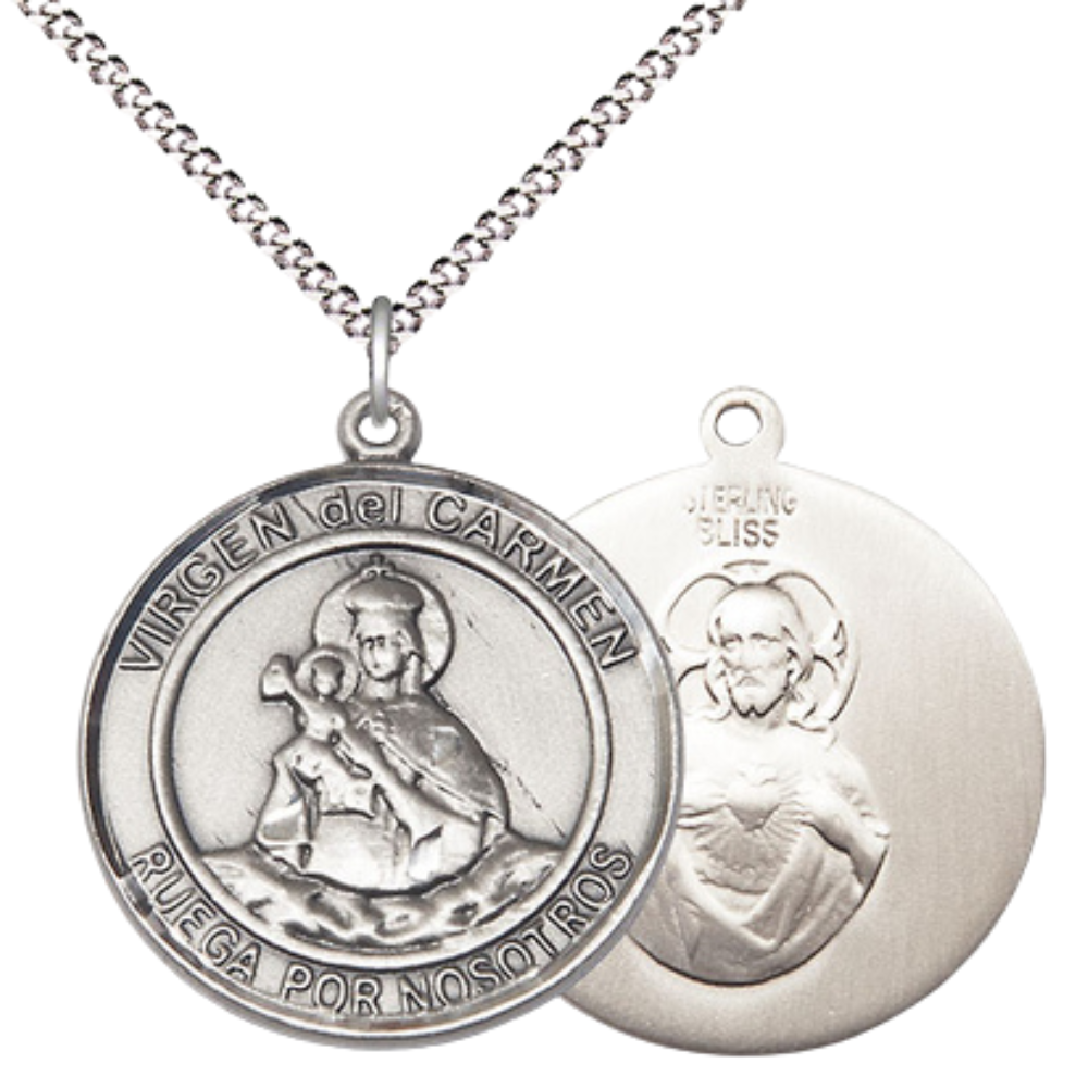 Spanish Script Women's .925 Sterling Silver Virgen del Carmen Medal Pendant on 18 Inch Rhodium Plated Lite Curb Brass Chain, Catholic Religious Necklace with Lobster Claw Clasp - Made in USA, Deluxe Velvet Gift Box