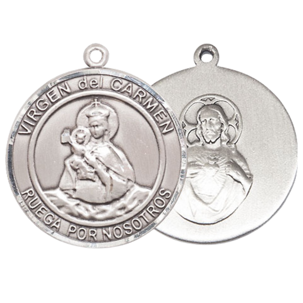 Mens 1 x 7/8" Round Pewter Virgen del Carmen Medal Pendant on 24 Inch Rhodium Plated Heavy Curb Brass Chain with Lobster Claw clasp, Catholic Religious Necklace - Made in USA- Velvet Gift Box