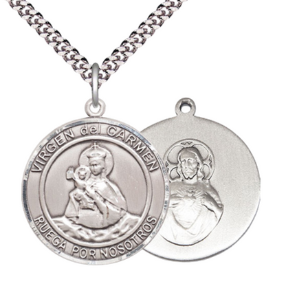 Spanish Script Men's .925 Sterling Silver Virgen del Carmen Medal Pendant on 24 Inch Endless Rhodium Plated Heavy Curb Chain, Catholic Religious Necklace - Made in USA, Deluxe Velvet Gift Box.