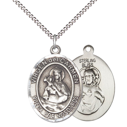 Spanish Script Women's Pewter Virgen del Carmen Medal Pendant on 18 Inch Rhodium Plated Lite Curb Brass Chain, Catholic Religious Necklace with Lobster Claw Clasp - Made in USA, Deluxe Velvet Gift Box