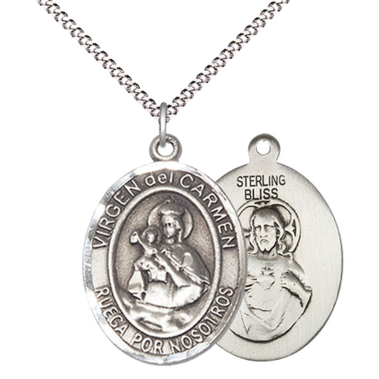 Spanish Script Women's Pewter Virgen del Carmen Medal Pendant on 18 Inch Rhodium Plated Lite Curb Brass Chain, Catholic Religious Necklace with Lobster Claw Clasp - Made in USA, Deluxe Velvet Gift Box