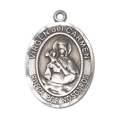 Spanish Script Women's .925 Sterling Silver Virgen del Carmen Medal Pendant on 18 Inch Rhodium Plated Lite Curb Brass Chain, Catholic Religious Necklace with Lobster Claw Clasp - Made in USA, Deluxe Velvet Gift Box